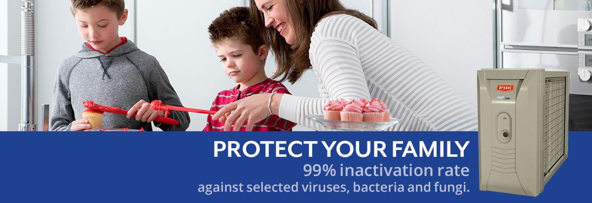 bryant air filter "protect your family 99% inactivation rate against selected viruses, bacteria, fungi"
